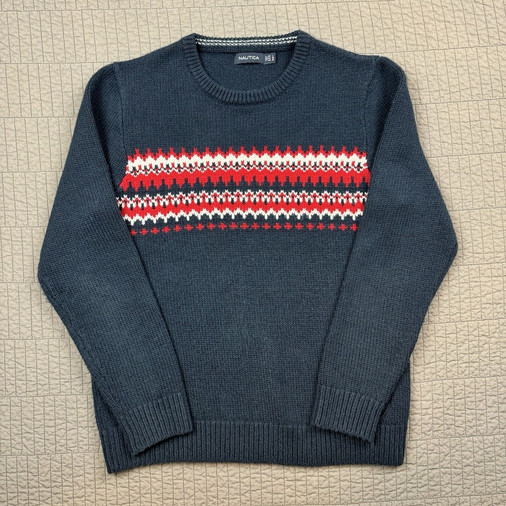 Nautica Sweater Men's Large Blue Nordic Fair Isle Fisherman Knit Cabincore‎